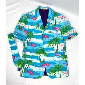 Opposuits Men 38 Flamingo Beach Blue Suit Blazer Jacket Tie Tropical‎ Palm Trees